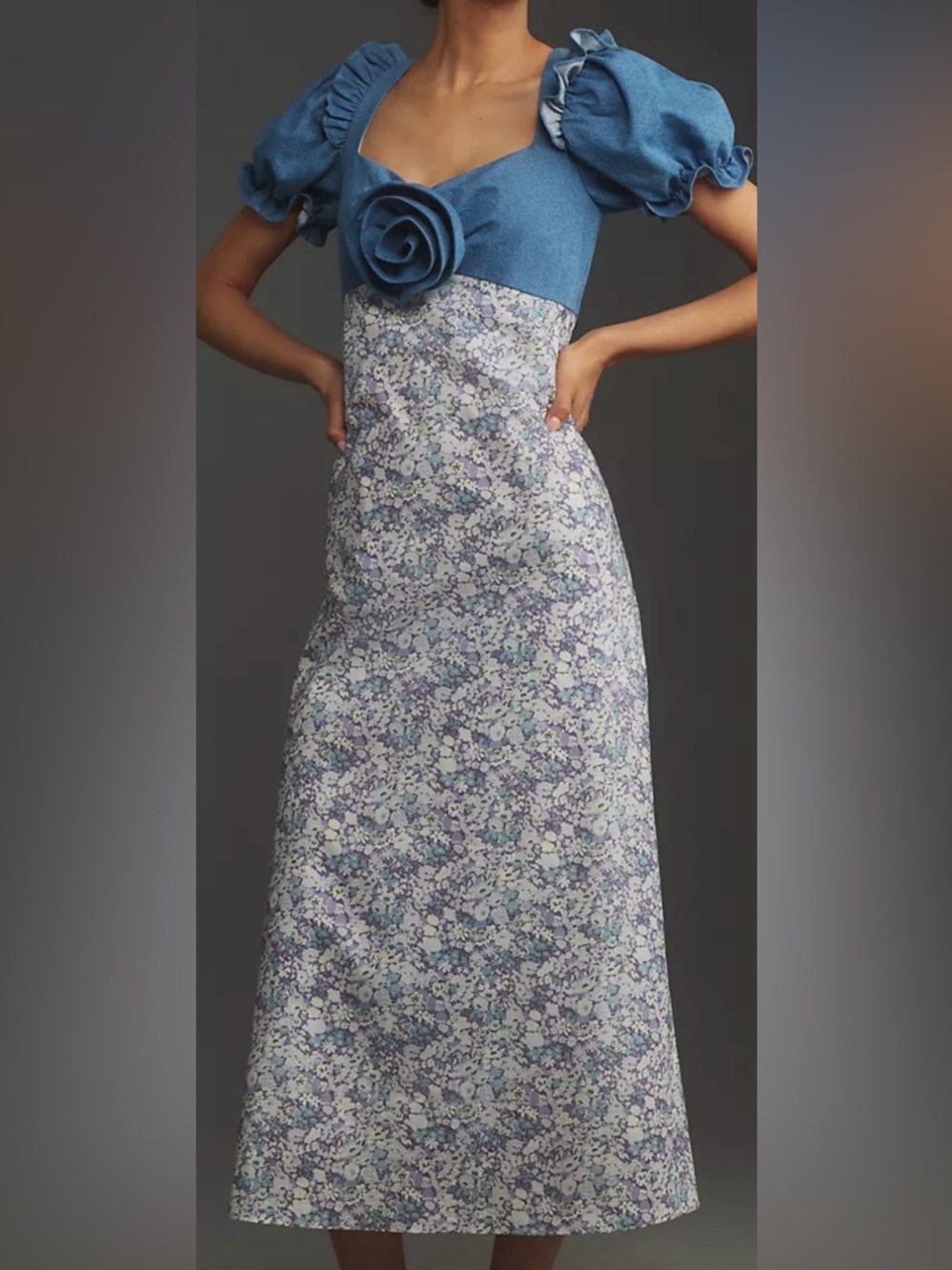 Anthro/English Factory short Sleeve Denim Rosette Midi Dress Floral NWT Size M